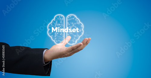 hand brain virtual screen mindset icon. use in educational materials, motivational posters, or as a visual representation concept. Copy space background.