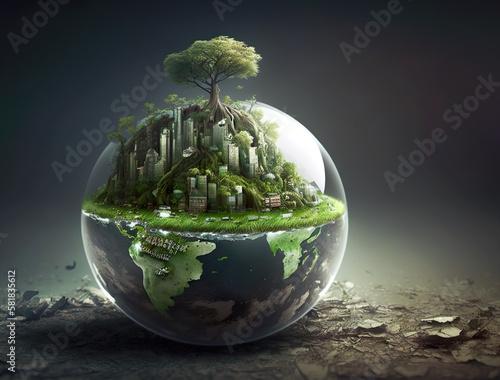  Environmental and Earth Day Concept.Planet Earth crystal  green sunny background.AI generated illustration.