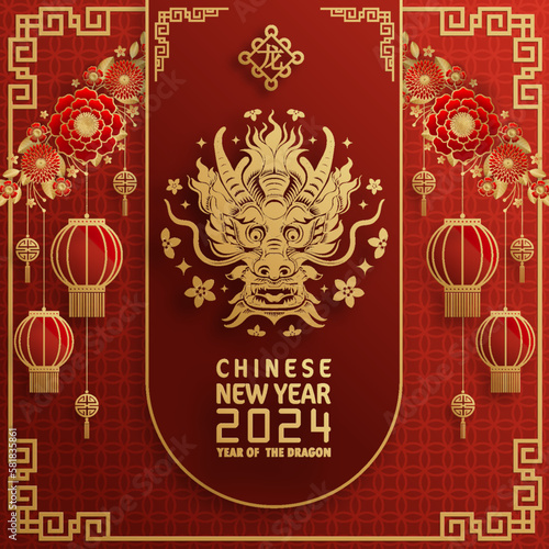Happy chinese new year 2024 year of the chinese dragon zodiac with on color Background. ( Translation : happy new year, chinese dragon )