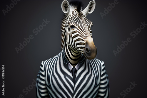 The zebra in a business suit - ready to tackle the corporate world  creative stock image of animals in business suit. Generative AI