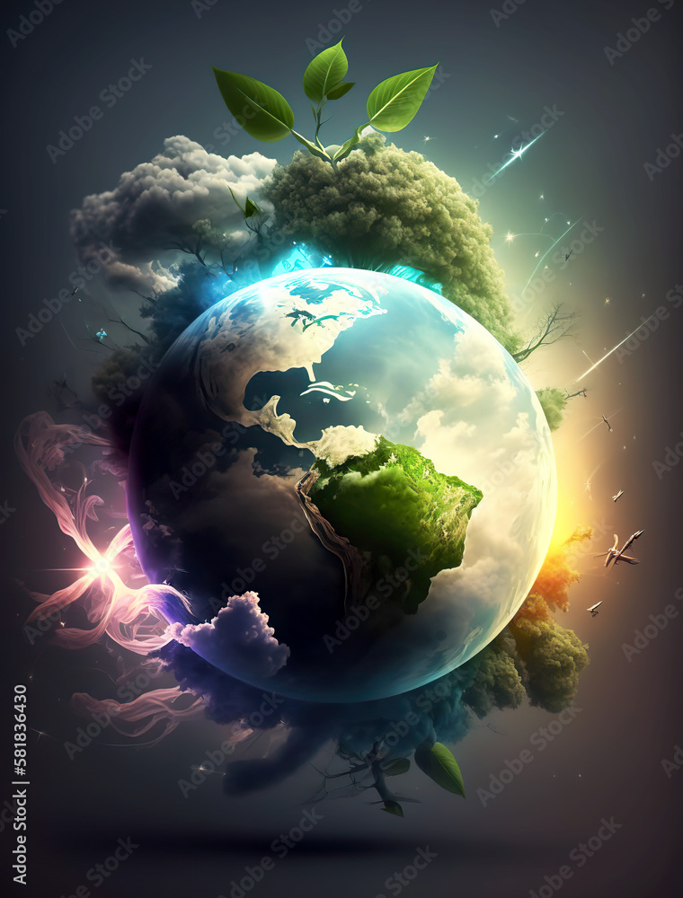 Fantasy and science fiction approach to global environmental protection. The effect of global warming in the universe. AI generated illustration.