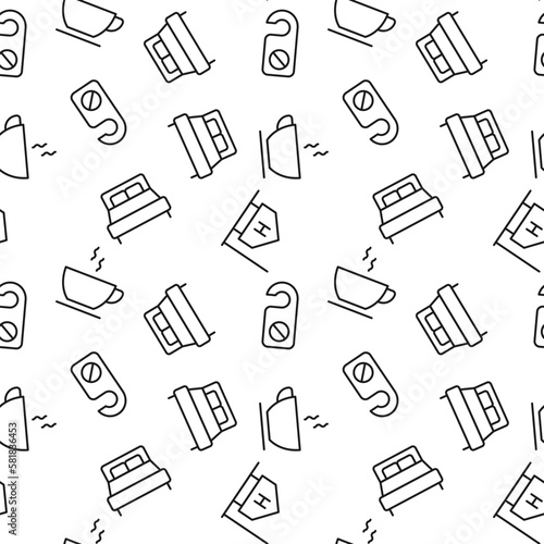 Seamless pattern of bed, coffee, door hanger, bed made of line icons