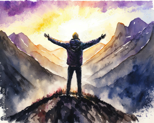 A person standing atop a mountain their arms stretched out as they let out a triumphant shout as the sun crests Zodiac Astrology concept. AI generation. photo