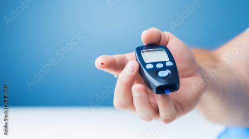 Man's hand holding Glucometer while doing a glucose blood test Generative AI 