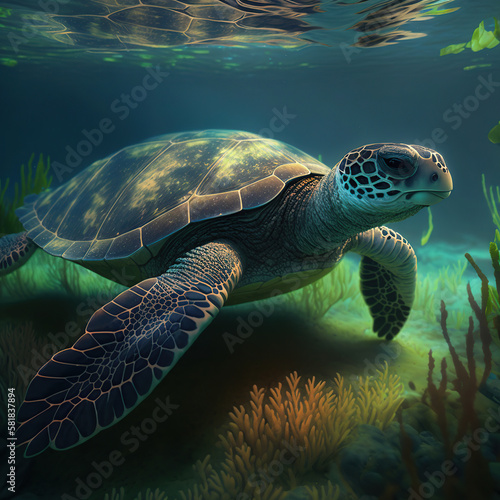 The Dazzling Colors of Sea Turtles in their Underwater Habitat, generative ai