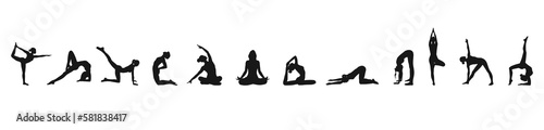 12 silhouette girls set doing sport exercise stretching in different poses in black color on white background in line  