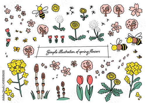 手描きのペンを使った春の花のカラーイラストセット