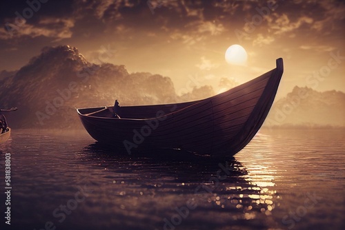 Fotografiet stranded rowing boat, generative ai