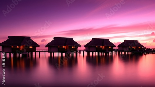 Overwater bungalows at sunset. Amazing paradise islands of Maldives. Generative AI
