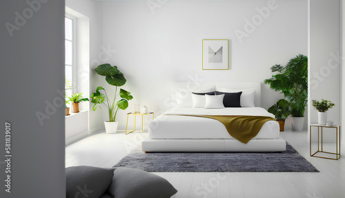 White interior with bedroom, bed, grey rug, green plants and big window. Minimalist apartment style. Generative AI photo