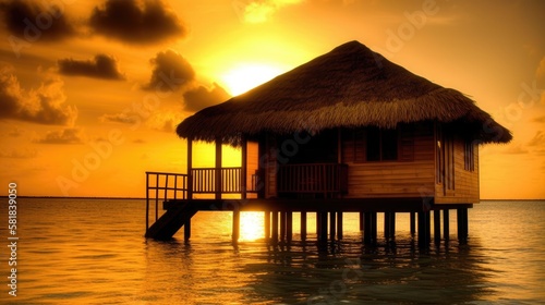 Overwater bungalow at sunset. Amazing paradise islands of Maldives. Generative AI © piai