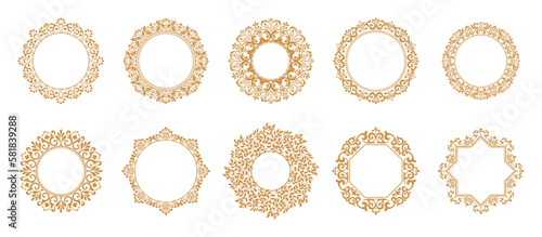 Set of decorative frames Elegant vector element for design in Eastern style, place for text. Floral gold and white borders. Lace illustration for invitations and greeting cards