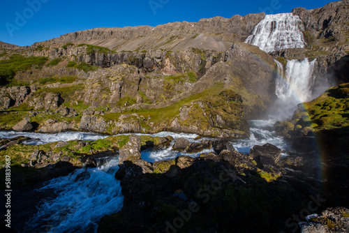 Dynjandi waterfall with rainbow in Iceland, Western fjords, unbelievable waterfall, love travel 