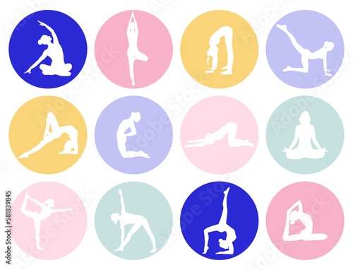12 icons silhouette of girls set doing yoga sport exercises in different poses and in blue, pale pink, pale green, pale purple, yellow circles on white background for apps
