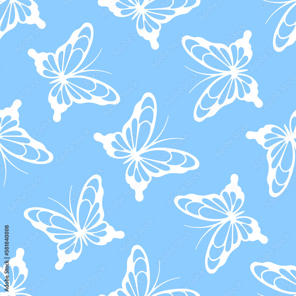 White lace butterflies on blue background. Vector seamless pattern. Best for textile, print, wallpapers, and wedding decoration.