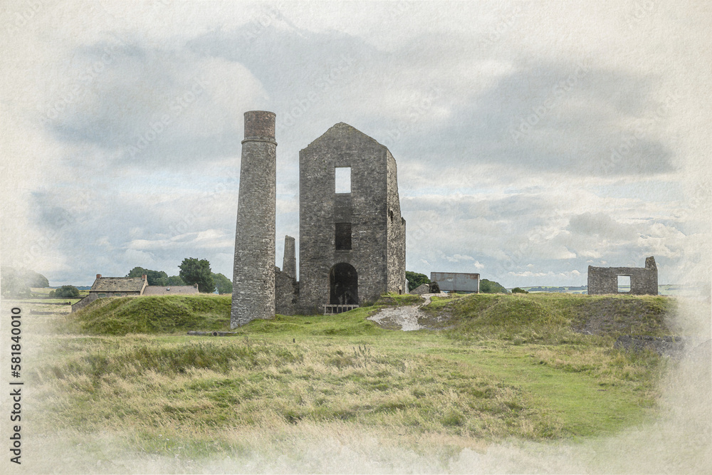 Magpie Mine digital watercolour painting. Abandoned, ruined lead mine in the Peak District National Park.