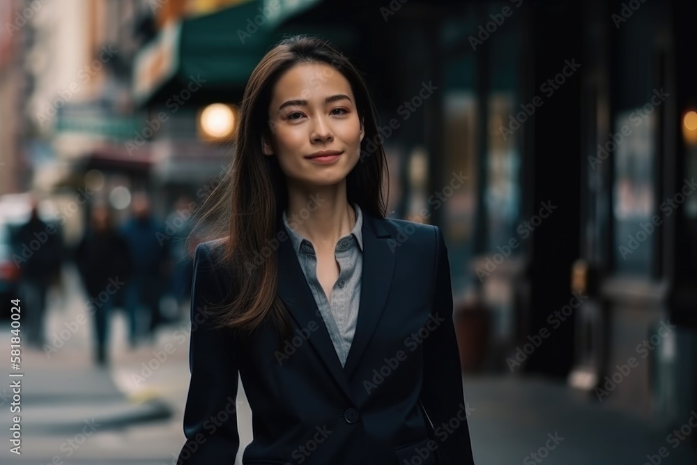 Elegant business lady walking down the busy street, generative AI