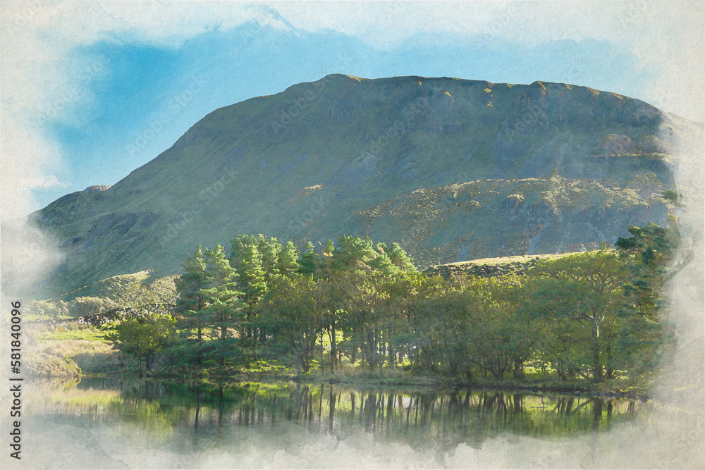 Digital watercolour painting of Penygader, and Cadair Idris during autumn in the Snowdonia National Park, Dolgellau, Wales.