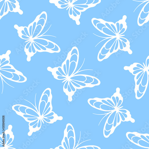 White lace butterflies on blue background. Vector seamless pattern. Best for textile, print, wallpapers, and wedding decoration.