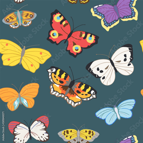 Seamless pattern of flying butterflies in red  yellow  white  orange and other colors. Vector illustration in vintage style on a white background.
