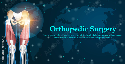 Medical orthopedic and the future of the smart hospital. Treatment for orthopedics traumatology of hip bones and joint injury. Medical presentation, hospital. Vector illustration