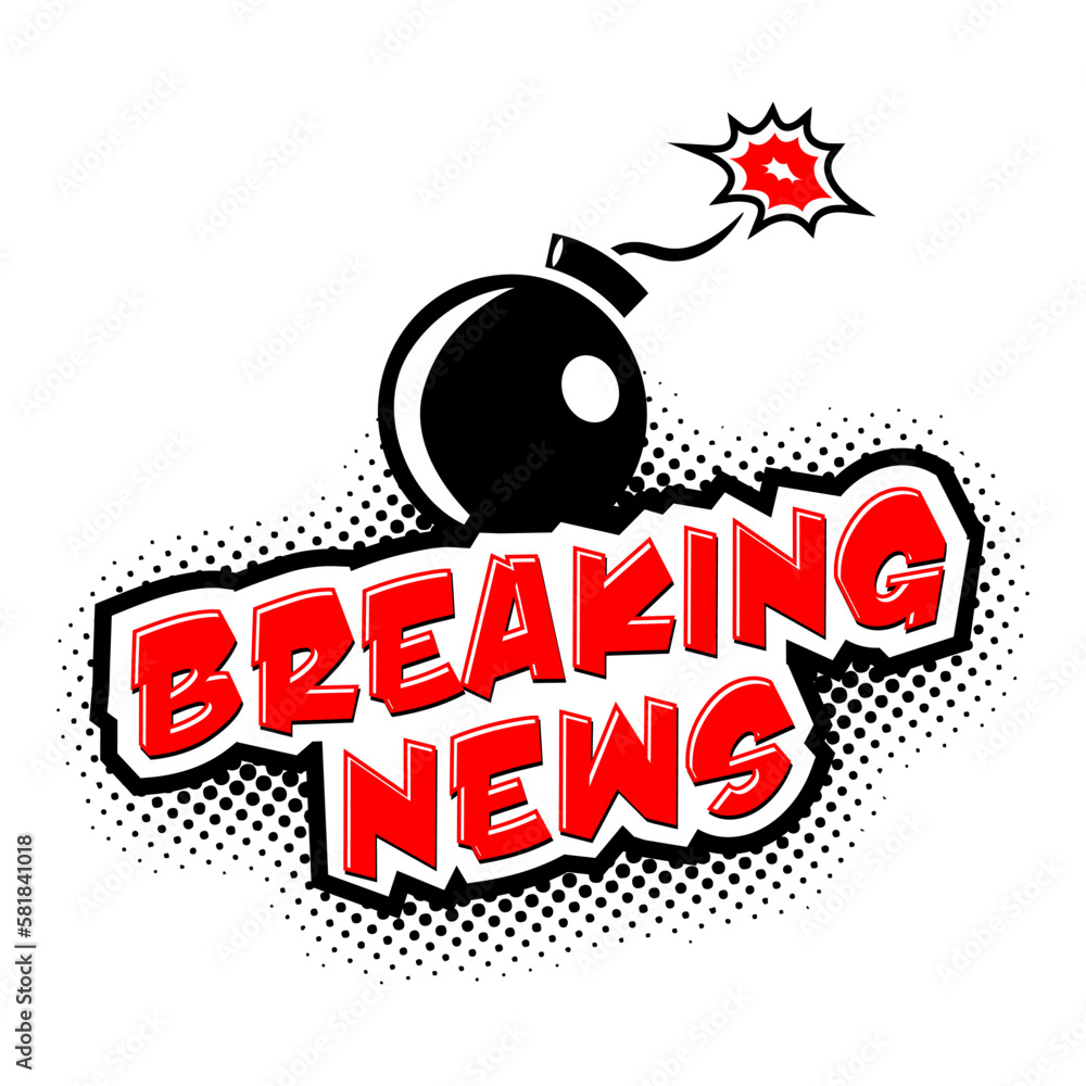 Obraz premium Information bomb of breaking news. Vector label in comics style on transparent background