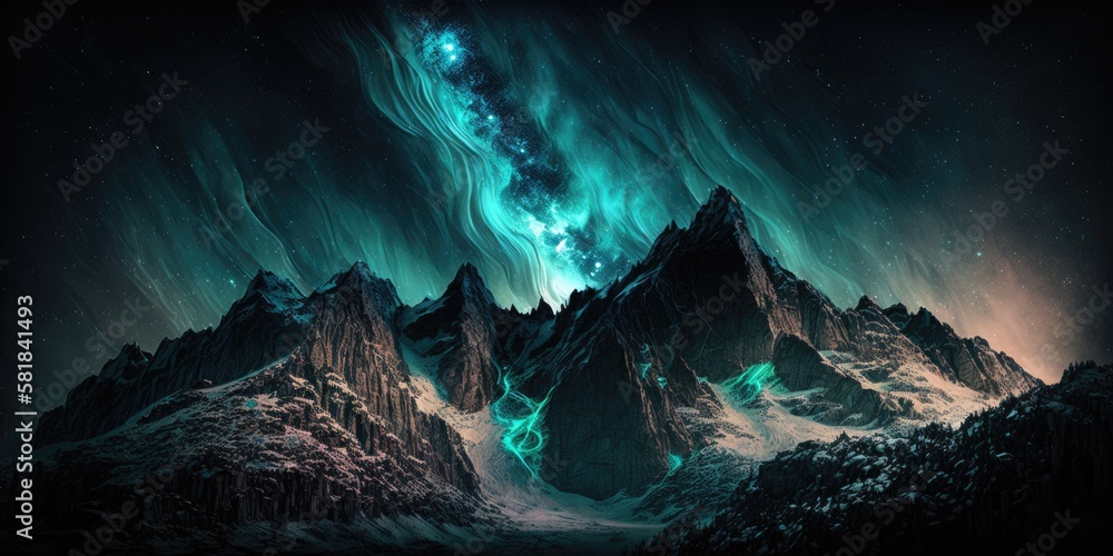 Raging aurora borealis cosmic storm high above cold Nordic landscape, mountains engulfed in turbulent luminous blue glowing waves of energy, spectacular light display - generative AI