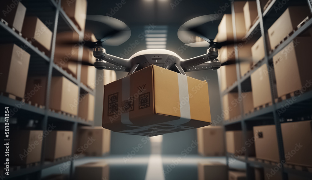 Flying delivery drone transferring parcel box from distribution ...