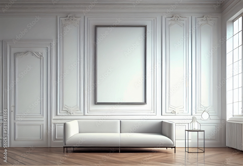 Modern living room with empty canvas or wall decor frame in center. Product presentation advertisement background, image and photograph art display, mock up editor. Modern living room with empty canvas or wall decor frame in center. Product presentation advertisement background, image and photograph art display, mock up editor.