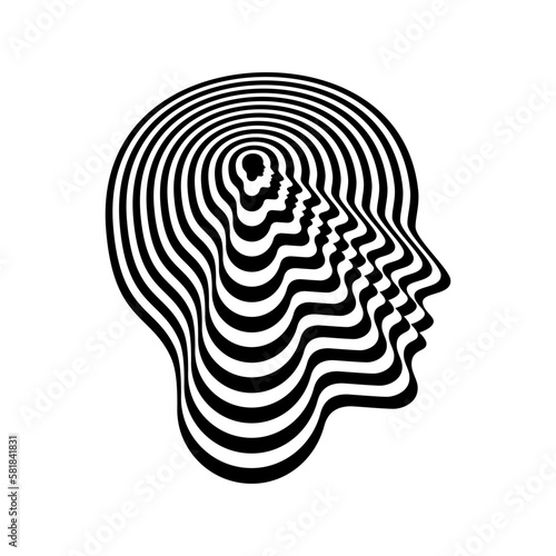 Woman profile. Silhouette of head with concentric psychedelic pattern.