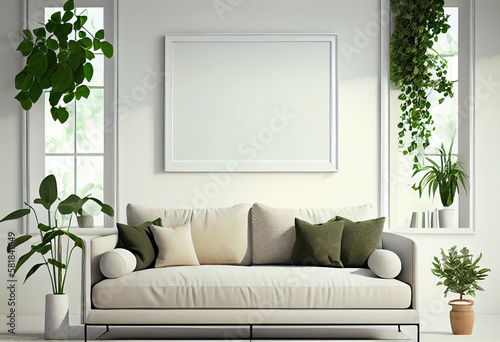Modern living room with empty blank canvas or wall decor frame in center. Product presentation advertisement background, image and photograph art display, mock up editor.