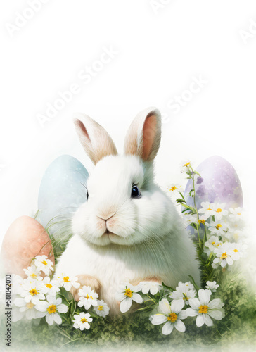 Easter bunny rabbit in flowers with easter painted eggs on a white background. Happy Easter background with copy space. Generative ai illustration in watercolor style © maxa0109