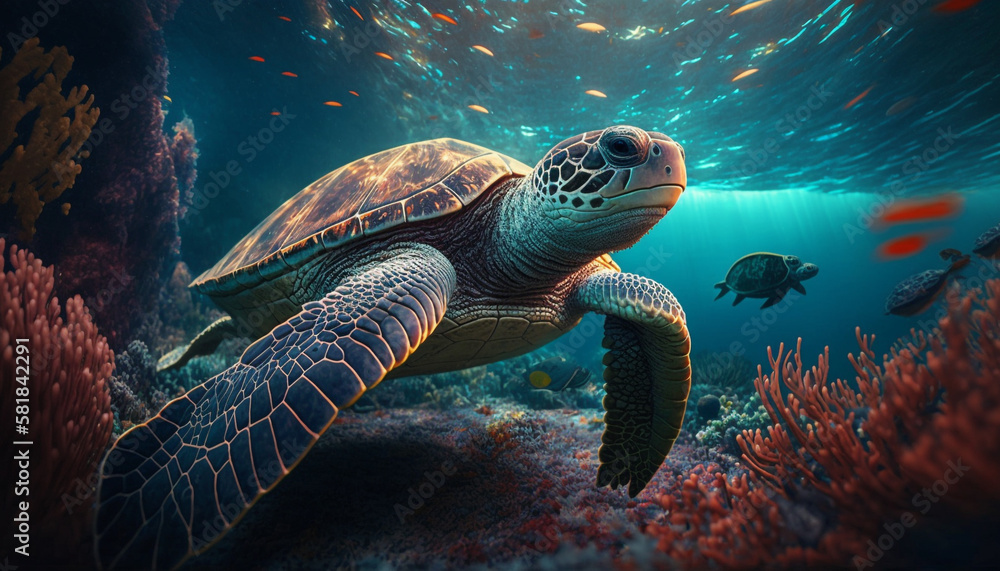 Fototapeta premium Illustration of a turtle swimming in shallow sea water. Through the cracks of the beautiful sea coral. The turtle is heading towards the beach for the purpose of laying eggs.