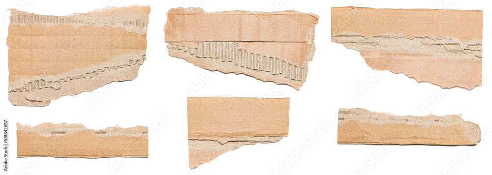 Set of brown cardboard pieces isolated on transparent background, flat lay view from above
