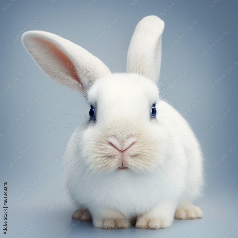 Obraz premium Cute white bunny rabbit on a gray blue background. Easter bunny, little rabbit. Generative ai illustration