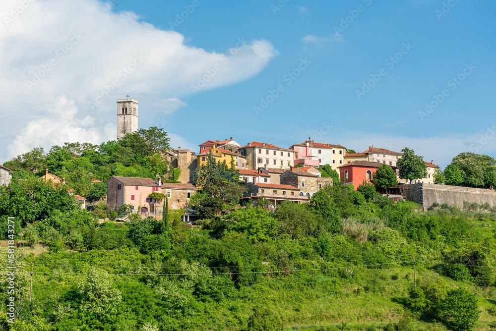 Townscape of small idyllic town of Oprtalj in Istria region in Croatia