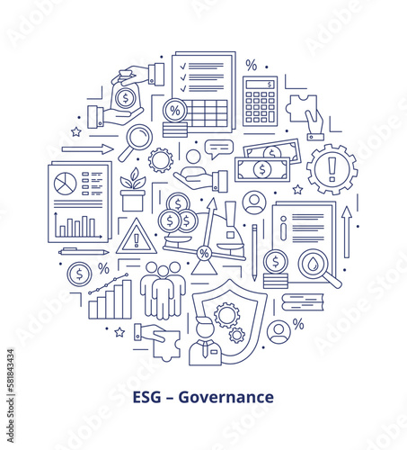 ESG Governance concepts, icons set. Icons placed in a circle. Vector illustration isolated on a white background