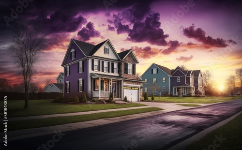 modern upper middle class single family houses American real estate in a new construction in Maryland USA colorful dramatic sky Neighborhood street sunset panorama