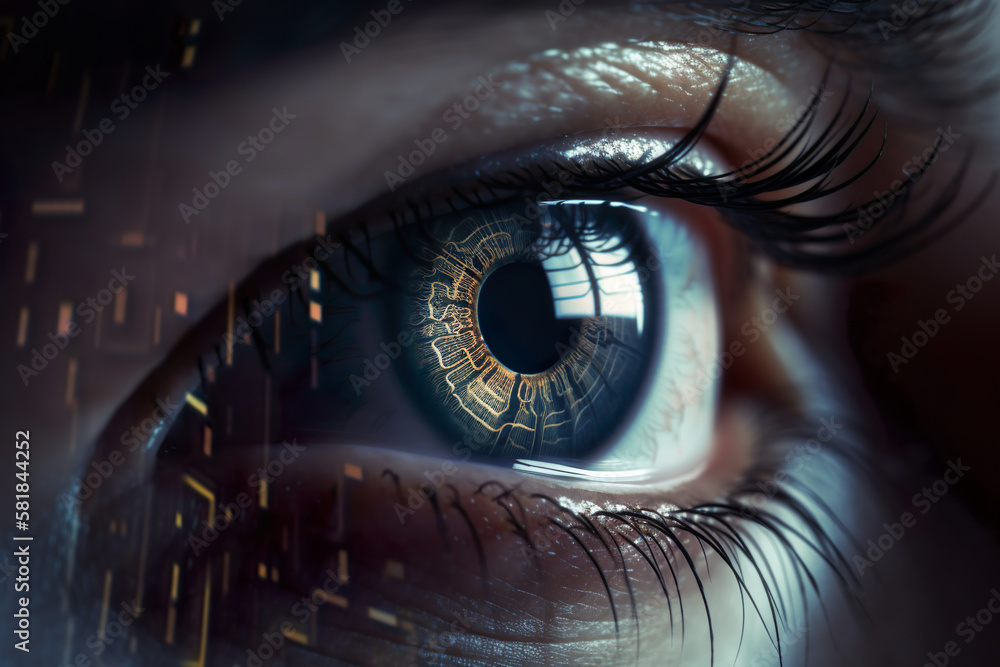 A close-up of a person's eye with a computer circuitry in it ...