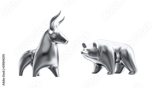 A Bull and a Bear Figurines. Metallic statuettes of a bull and a bear as metaphoric stock market players. 3D-rendered graphics isolated on transparent background.