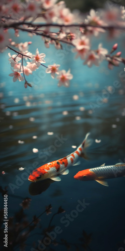 koi fish in the pond, cherry blossoms above - generative AI © Martin