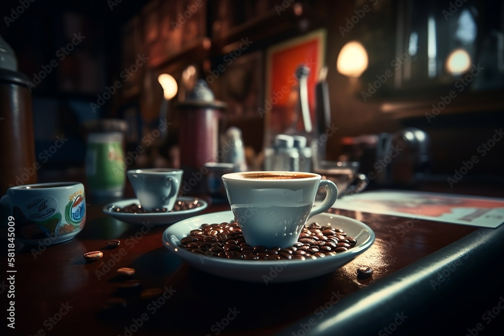 cup of coffee on a bar cup of coffee on a bar