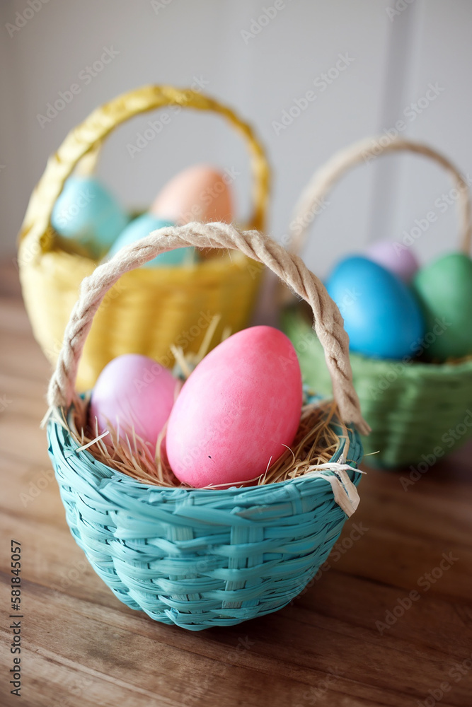 Easter eggs in a basket on a wooden table. Perfect image for cards, poster, blogs and wallpapers created with Generative AI