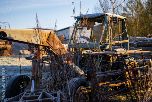 old rusty truck at frosty morning