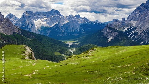 Beautiful landscape of the Tre Cime di Lavaredo mountain range in Dolomites, Italy.