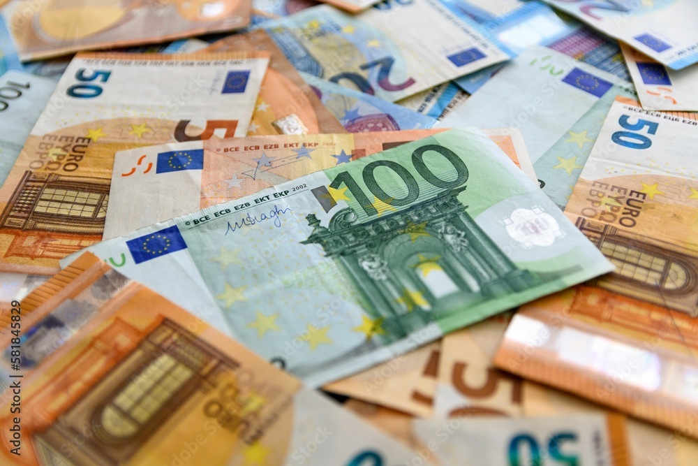 Close-up shot of scattered Euro banknotes Close-up shot of scattered Euro banknotes