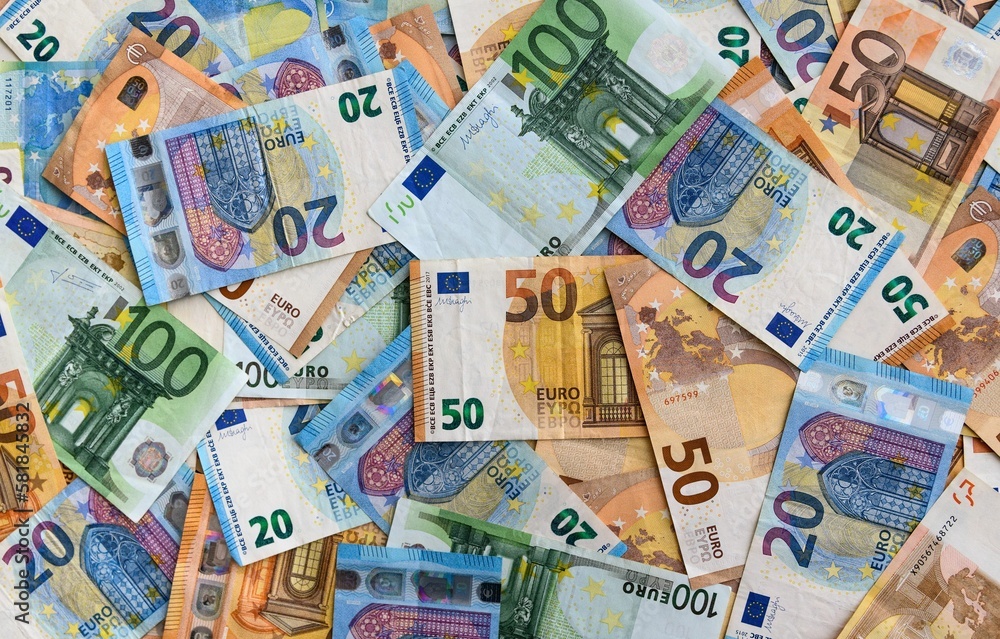 Close-up shot of scattered Euro banknotes