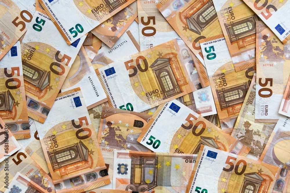 Close-up shot of scattered 50 Euro banknotes