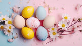 Generative AI. Easter eggs in Pastel color with flowers on a pink background. flatlay composition. Horizontal illustration.