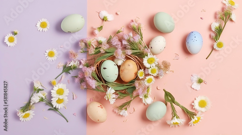 Generative AI. Easter eggs in Pastel color with flowers on a pink background. flatlay composition. Horizontal illustration.